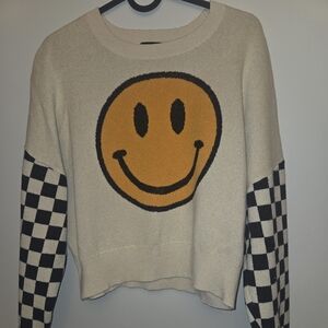 Originality Smiley Face Sweater Women’s M Cropped Checkerboard Sleeve Pullover